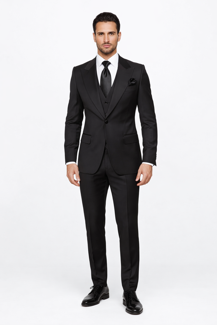 Suits With Baggy Pleated Pants - Wide Leg Pants 100% Wool - Classic Fit in Black Color by Rossiman