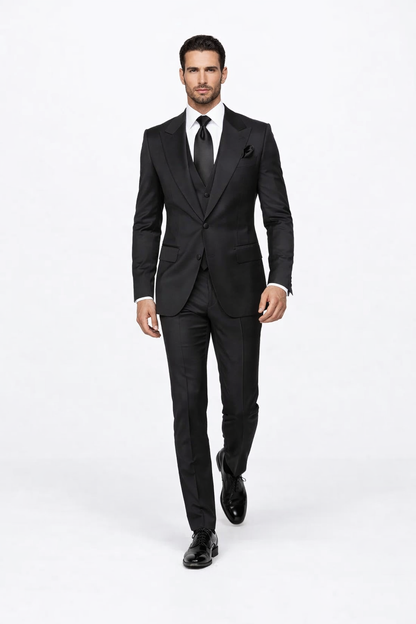 Suits With Baggy Pleated Pants - Wide Leg Pants 100% Wool - Classic Fit in Black Color by Rossiman