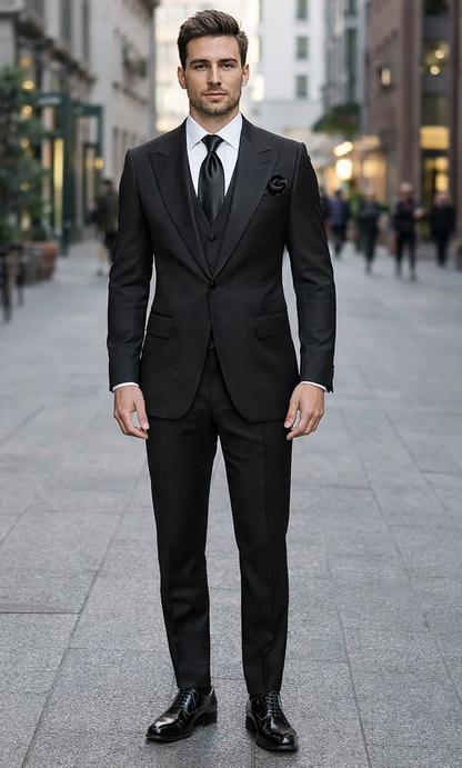 Suits With Baggy Pleated Pants - Wide Leg Pants 100% Wool - Classic Fit in Black Color by Rossiman