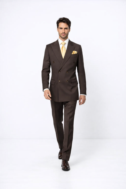 Suits With Baggy Pleated Pants - Wide Leg Pants 100% Wool - Classic Fit in Brown Color by Rossiman