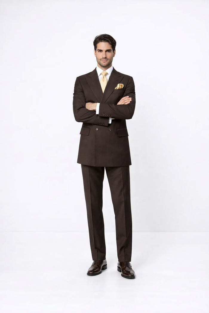 Suits With Baggy Pleated Pants - Wide Leg Pants 100% Wool - Classic Fit in Brown Color by Rossiman