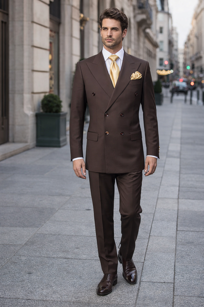 Suits With Baggy Pleated Pants - Wide Leg Pants 100% Wool - Classic Fit in Brown Color by Rossiman