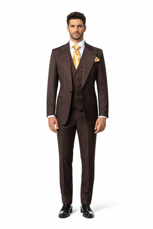 Suits With Baggy Pleated Pants - Wide Leg Pants 100% Wool - Classic Fit in Brown One Button 3 Piece Suit  by Rossiman