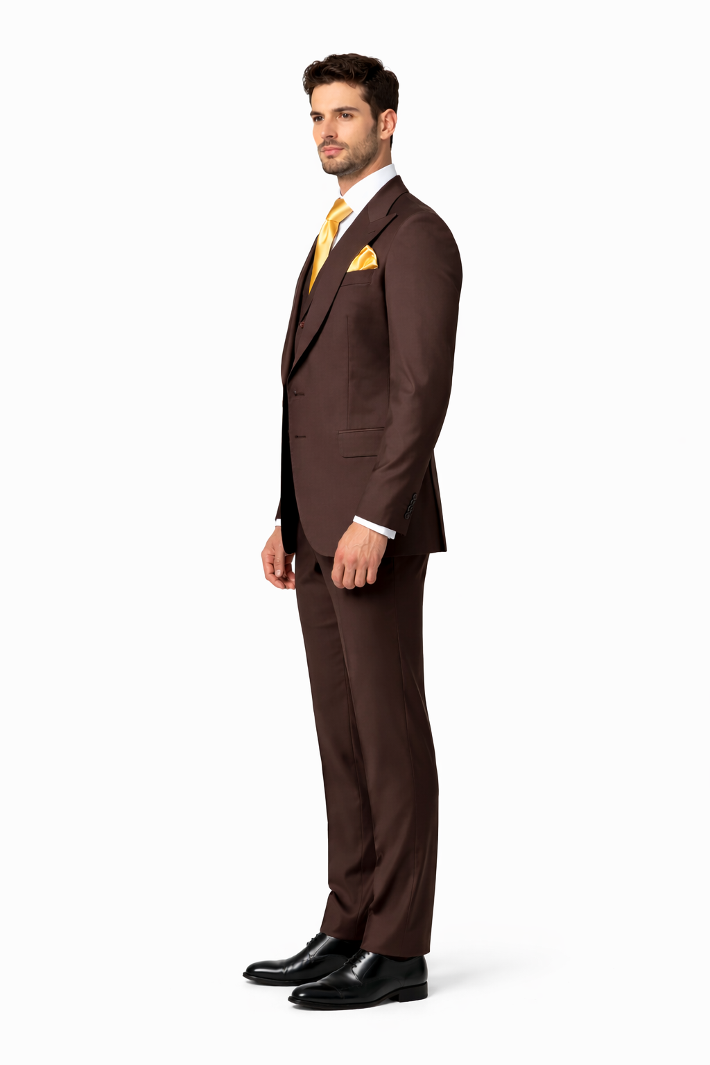 Suits With Baggy Pleated Pants - Wide Leg Pants 100% Wool - Classic Fit in Brown One Button 3 Piece Suit  by Rossiman