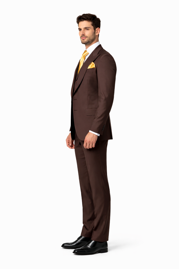 Suits With Baggy Pleated Pants - Wide Leg Pants 100% Wool - Classic Fit in Brown One Button 3 Piece Suit  by Rossiman