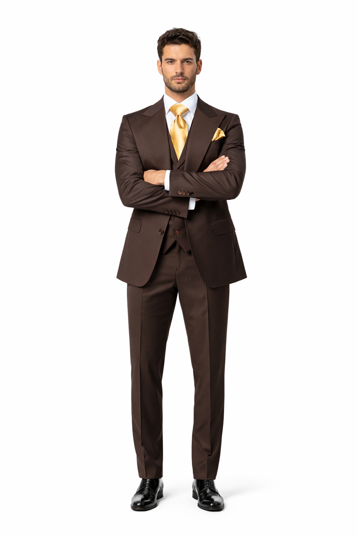 Suits With Baggy Pleated Pants - Wide Leg Pants 100% Wool - Classic Fit in Brown One Button 3 Piece Suit  by Rossiman
