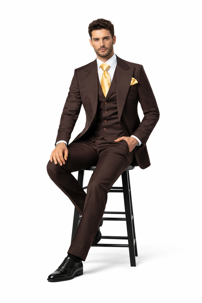 Suits With Baggy Pleated Pants - Wide Leg Pants 100% Wool - Classic Fit in Brown One Button 3 Piece Suit  by Rossiman