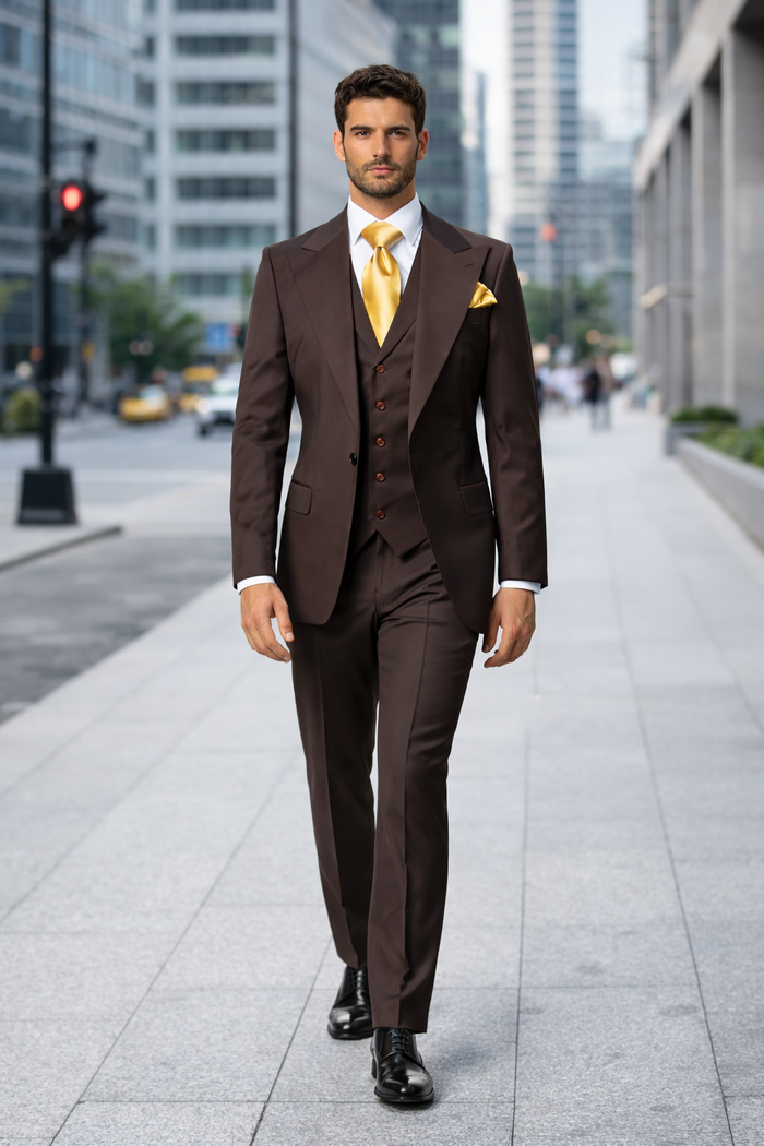 Suits With Baggy Pleated Pants - Wide Leg Pants 100% Wool - Classic Fit in Brown One Button 3 Piece Suit  by Rossiman