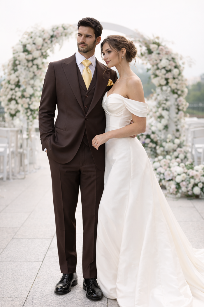 Suits With Baggy Pleated Pants - Wide Leg Pants 100% Wool - Classic Fit in Brown One Button 3 Piece Suit  by Rossiman