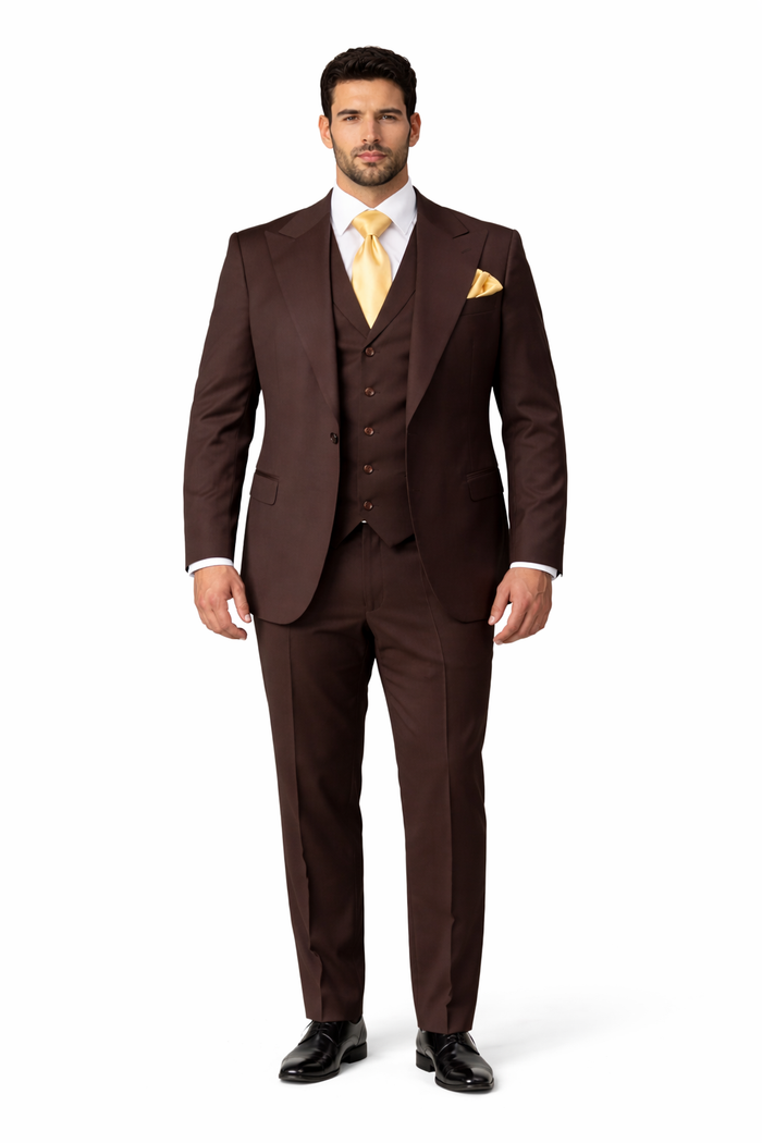 Suits With Baggy Pleated Pants - Wide Leg Pants 100% Wool - Classic Fit in Brown One Button 3 Piece Suit  by Rossiman