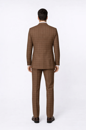 Suits With Baggy Pleated Pants - Wide Leg Pants 100% Wool - Classic Fit in Brown Plaid Color by Rossiman