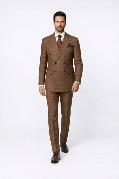 Suits With Baggy Pleated Pants - Wide Leg Pants 100% Wool - Classic Fit in Brown Plaid Color by Rossiman