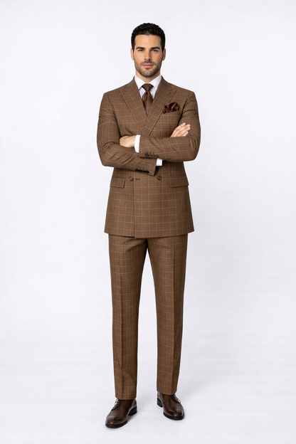 Suits With Baggy Pleated Pants - Wide Leg Pants 100% Wool - Classic Fit in Brown Plaid Color by Rossiman