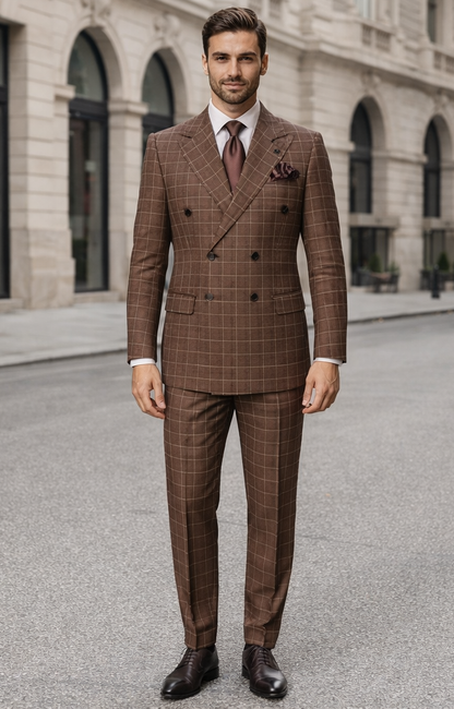 Suits With Baggy Pleated Pants - Wide Leg Pants 100% Wool - Classic Fit in Brown Plaid Color by Rossiman