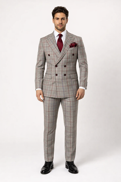 Suits With Baggy Pleated Pants - Wide Leg Pants 100% Wool - Classic Fit in Color Grey with Red Plaid by Rossiman