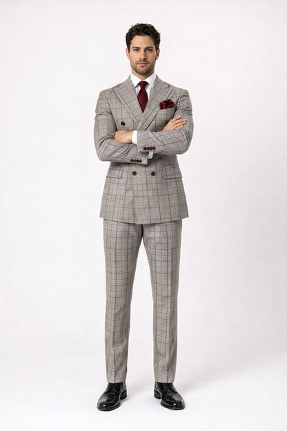 Suits With Baggy Pleated Pants - Wide Leg Pants 100% Wool - Classic Fit in Color Grey with Red Plaid by Rossiman