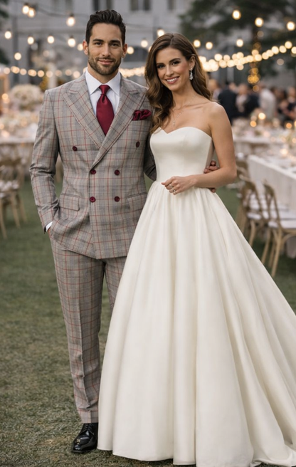 Suits With Baggy Pleated Pants - Wide Leg Pants 100% Wool - Classic Fit in Color Grey with Red Plaid by Rossiman