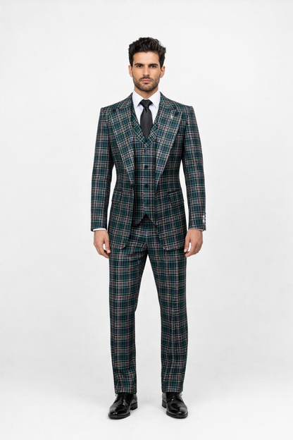 Suits With Baggy Pleated Pants - Wide Leg Pants 100% Wool - Classic Fit in Green Color by Rossiman