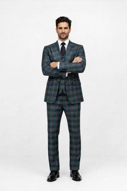 Suits With Baggy Pleated Pants - Wide Leg Pants 100% Wool - Classic Fit in Green Color by Rossiman