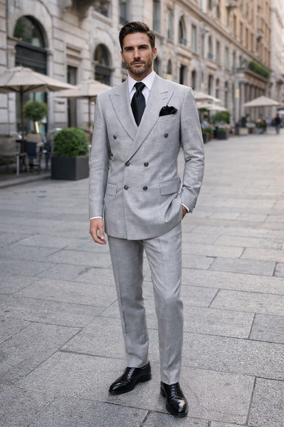 Suits With Baggy Pleated Pants - Wide Leg Pants 100% Wool - Classic Fit in Grey Color by Rossiman