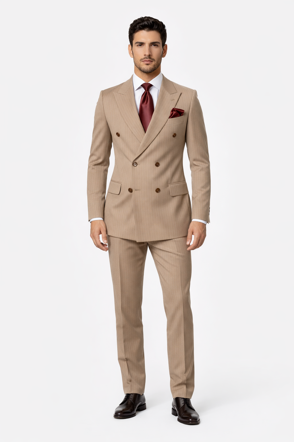 Rossiman Men's Classic Fit Suit with Baggy Pleated Wide-Leg Pants, Light Brown Pinstripe, 100% Wool, All Sizes