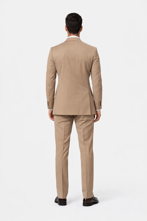 Suits With Baggy Pleated Pants - Wide Leg Pants 100% Wool - Classic Fit in Light Brown with Brown Pinstripe Color by Rossiman