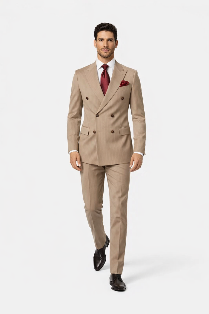 Suits With Baggy Pleated Pants - Wide Leg Pants 100% Wool - Classic Fit in Light Brown with Brown Pinstripe Color by Rossiman