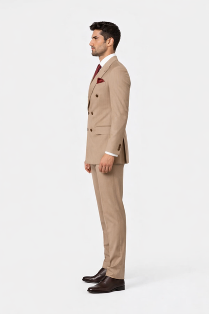 Suits With Baggy Pleated Pants - Wide Leg Pants 100% Wool - Classic Fit in Light Brown with Brown Pinstripe Color by Rossiman