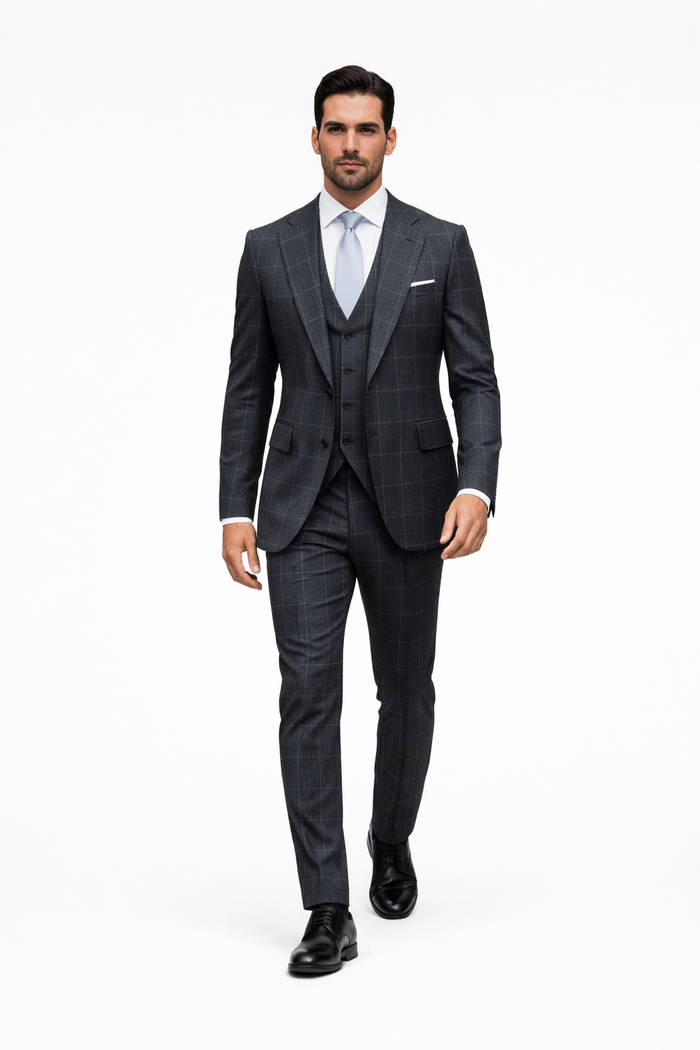 Suits With Baggy Pleated Pants - Wide Leg Pants 100% Wool - Classic Fit in Navy by Rossiman