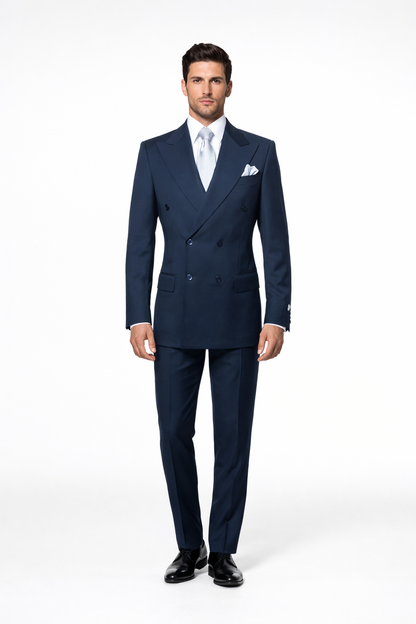 Suits With Baggy Pleated Pants - Wide Leg Pants 100% Wool - Classic Fit in Navy Color by Rossiman