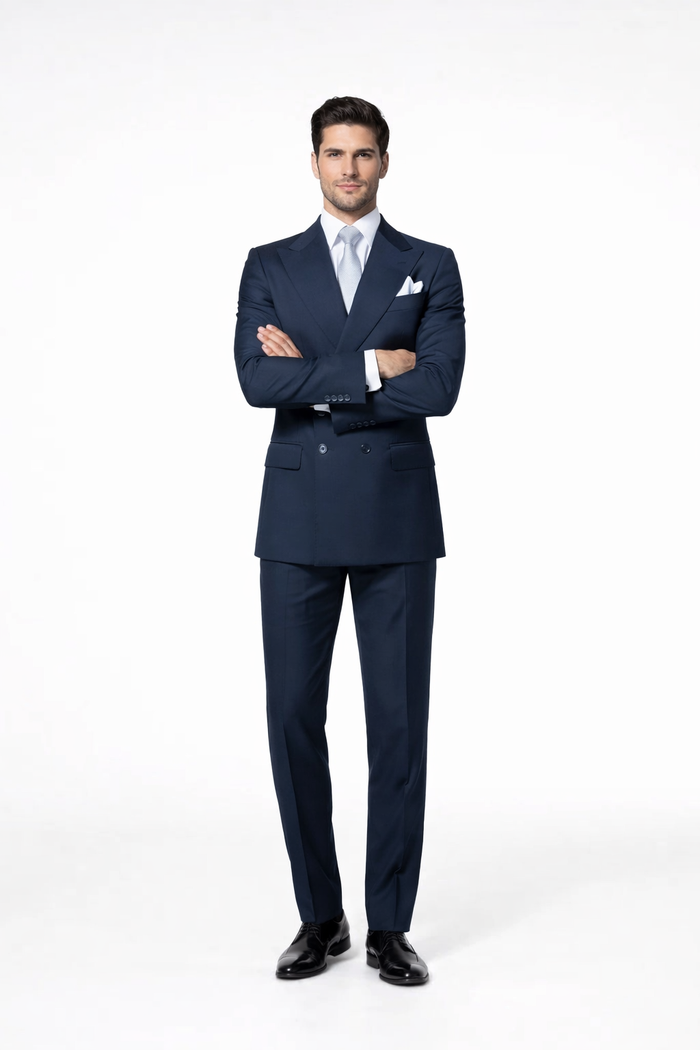 Suits With Baggy Pleated Pants - Wide Leg Pants 100% Wool - Classic Fit in Navy Color by Rossiman
