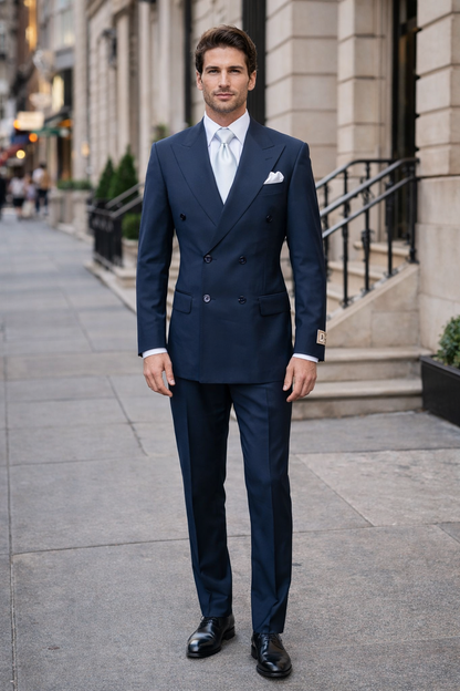 Suits With Baggy Pleated Pants - Wide Leg Pants 100% Wool - Classic Fit in Navy Color by Rossiman