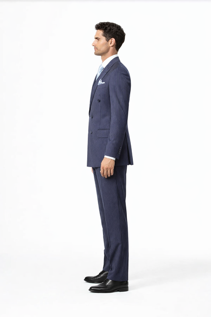 Suits With Baggy Pleated Pants - Wide Leg Pants 100% Wool - Classic Fit in Navy with White Pinstripe Color by Rossiman