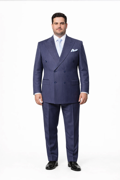 Suits With Baggy Pleated Pants - Wide Leg Pants 100% Wool - Classic Fit in Navy with White Pinstripe Color by Rossiman