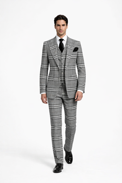 Suits With Baggy Pleated Pants - Wide Leg Pants 100% Wool - Classic Fit in One Button 3 Piece Suit by Rossiman