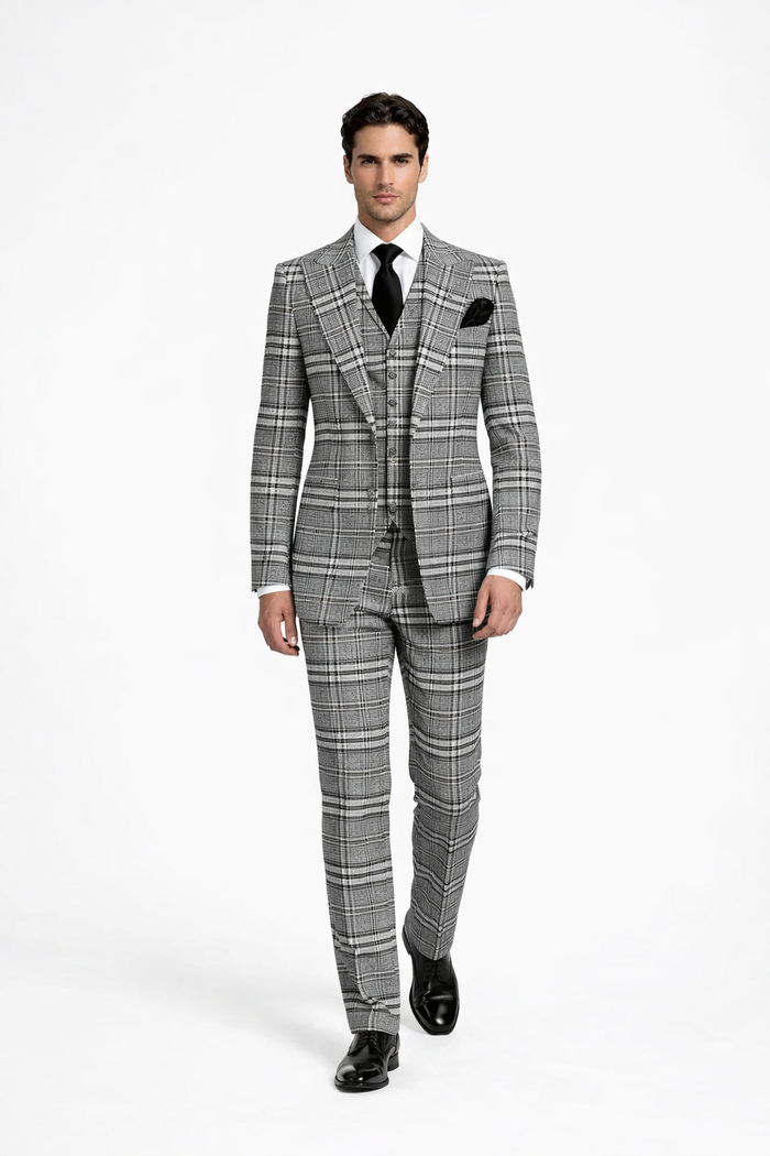Suits With Baggy Pleated Pants - Wide Leg Pants 100% Wool - Classic Fit in One Button 3 Piece Suit by Rossiman