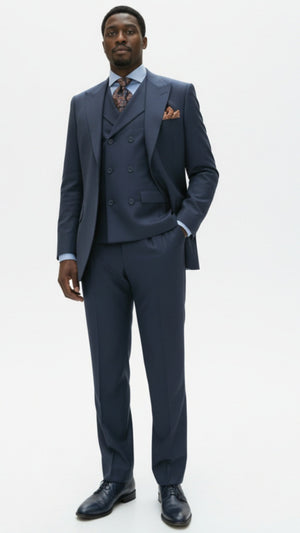 Mens Suit With Pleated Pants - Semi Wide Leg 100% Wool Super 150's Big Peak Lapel Classic Fit Athletic Cut With Double breasted Vest in Dusty Blue
