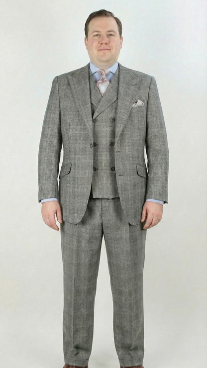 Mens Suit With Pleated Pants - Semi Wide Leg 100% Wool Super 150's Big Peak Lapel Classic Fit Athletic Cut With Double breasted Vest in Grey Windowpane