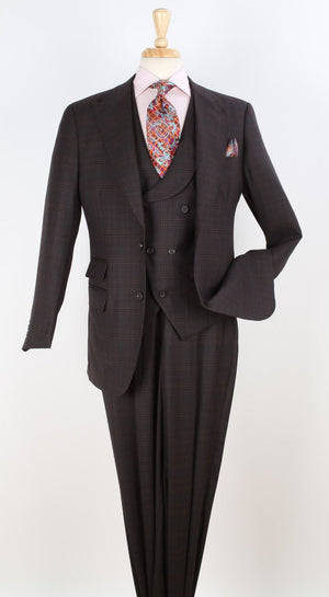 Mens Suit With Pleated Pants - Semi Wide Leg 100% Wool Super 150's Big Peak Lapel Classic Fit Athletic Cut With Double breasted Vest in Brown Windowpane