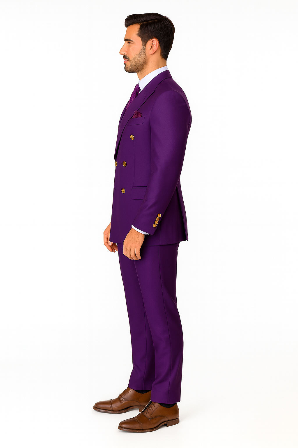 Mens Designer Modern Fit Double Breasted Wool Suit with Gold Buttons in Purple