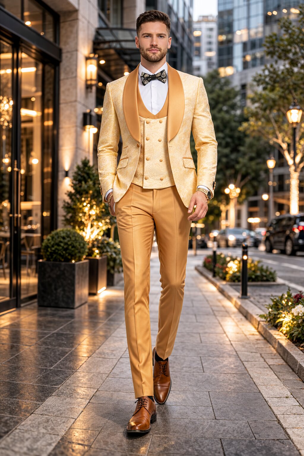 Gold Paisley 3-Piece Skinny Fit Suit – Wide Shawl Lapel with Matching Bow Tie