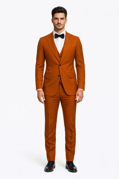 Tazzio Skinny Fit Terracotta Orange Pinstriped Suit Mens Modern Suit Style