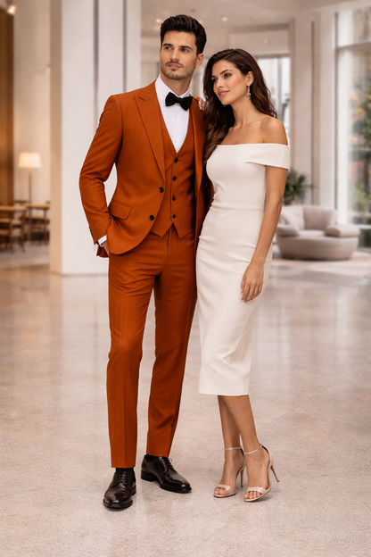 Tazzio Skinny Fit Terracotta Orange Pinstriped Suit Mens Modern Suit Style