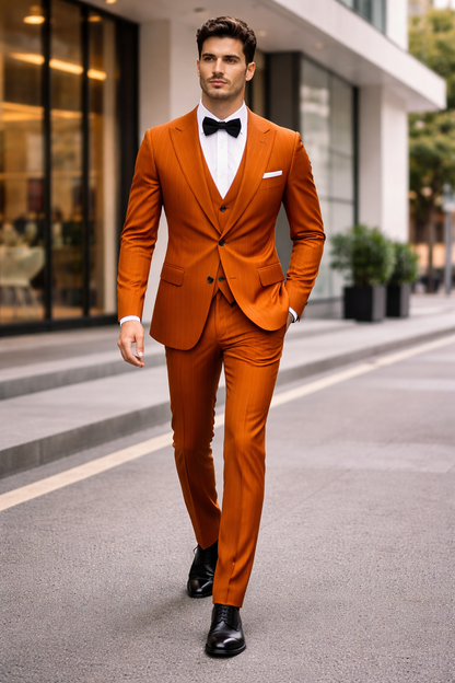 Tazzio Skinny Fit Terracotta Orange Pinstriped Suit Mens Modern Suit Style