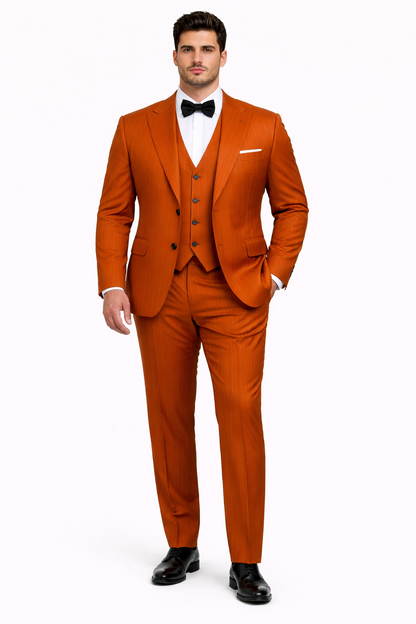 Tazzio Skinny Fit Terracotta Orange Pinstriped Suit Mens Modern Suit Style