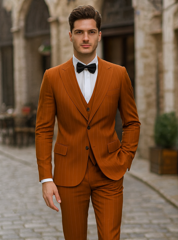 Tazzio Skinny Fit Terracotta Orange Pinstriped Suit Mens Modern Suit Style