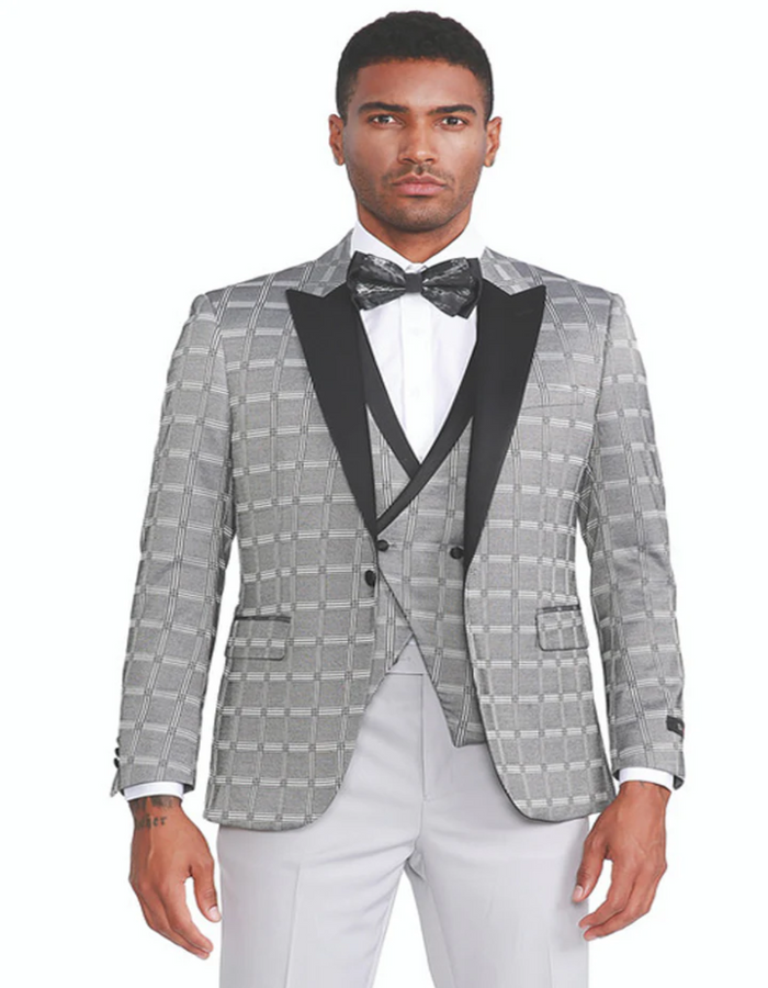 Mens Gray Tuxedo - Grey Wedding Suit-Mens Slim Fit One Button  Peak Lapel Tuxedo With Double Brested Vest In Silver Grey Plaid - Men's Tuxedo USA