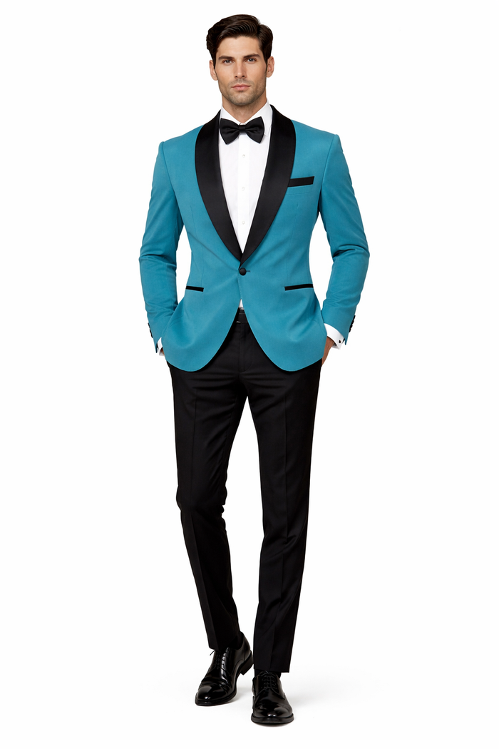 Teal Velvet Tuxedo for Men  One Button Black Satin Lapel Formal Suit with Bow Tie