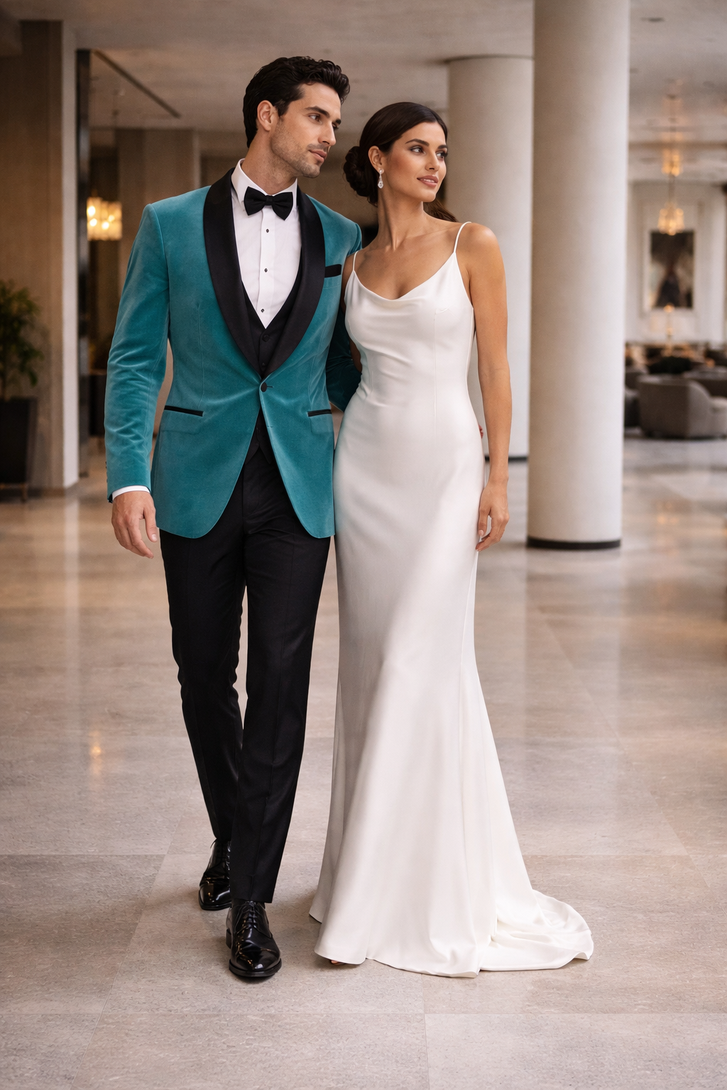 Teal Velvet Tuxedo for Men  One Button Black Satin Lapel Formal Suit with Bow Tie