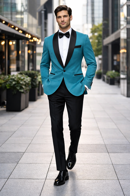Teal Velvet Tuxedo for Men  One Button Black Satin Lapel Formal Suit with Bow Tie